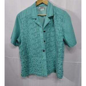Saint Germain Embroidered Button-Up Shirt Teal Short Sleeve Collared Size L